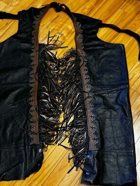 Womens Black Leather Fringe Motorcycle Chaps with Brown Trim -